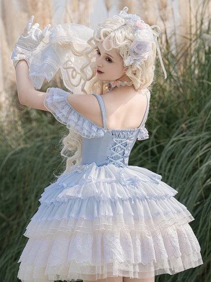 Blue Princess Lolita Corset Dress Floral Embroidery Jumper Skirt