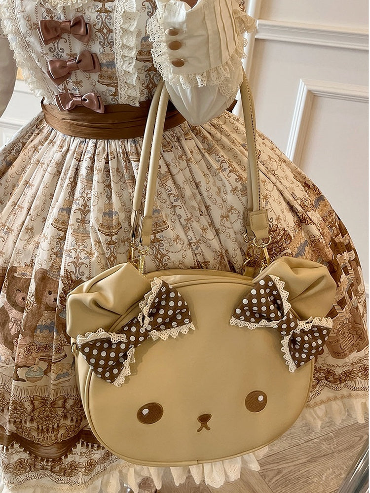 Brown Polka-dot Pattern Bowknot Details Bear Tote Bag
