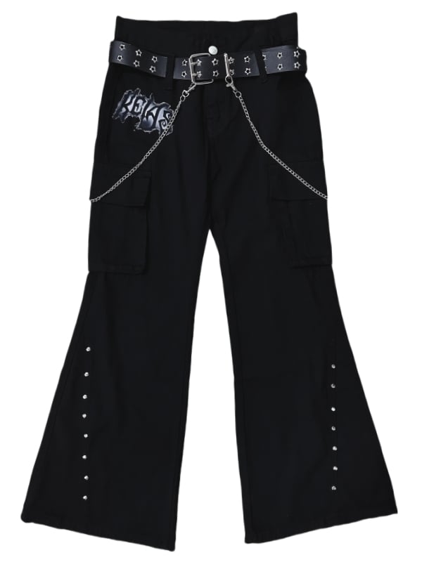 Punk Black Letter Patch Cargo Pockets Design Low Waist Fishtail Pants with Belt