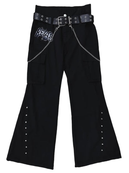 Punk Black Letter Patch Cargo Pockets Design Low Waist Fishtail Pants with Belt