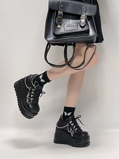 Punk Studs Black Wedge Platforms with Chains