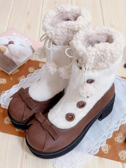 Brown & White Elegant Lolita 4cm/6cm Mid-heel Winter Boots - Plush Lining with Button Accents, Bow Details & Inner Zipper