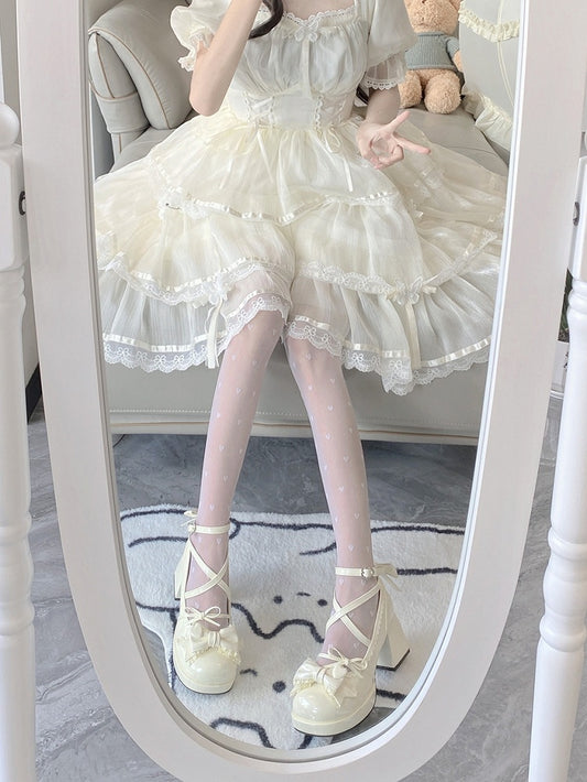7CM Creamy White Bow at Top Crisscross Design Sweet Lolita Platform High Block Heels