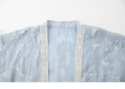 Butterfly Design Blue Floral Embroidery Long Sleeves Top Tassels Hem