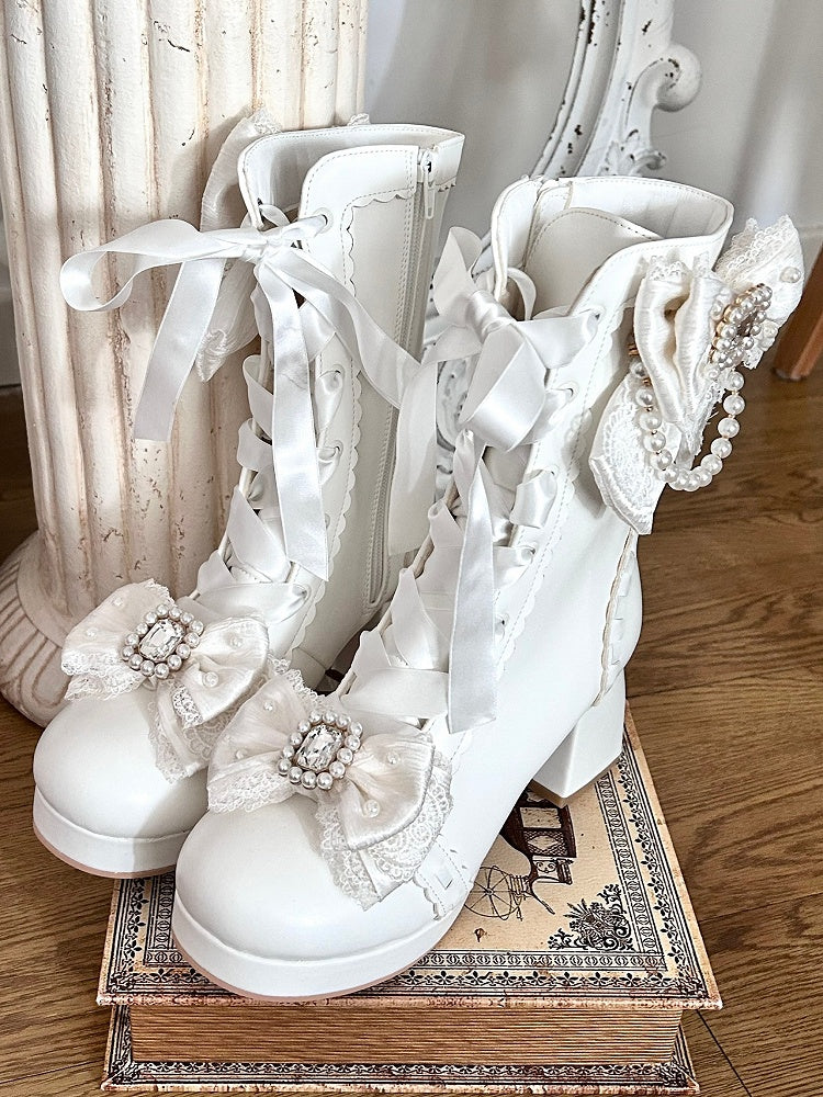Delicate Bow, Elegant Lacing & Inner Side Zipper PU White Boots in Sweet Lolita