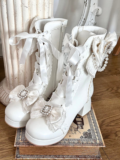 Delicate Bow, Elegant Lacing & Inner Side Zipper PU White Boots in Sweet Lolita