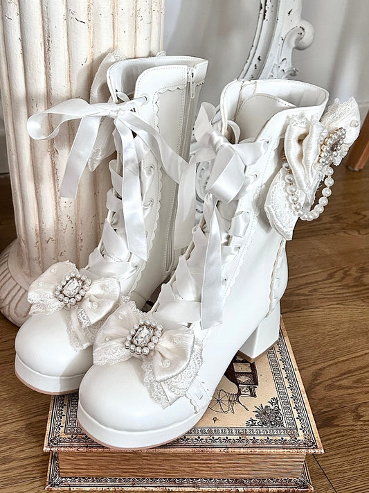 Delicate Bow, Elegant Lacing & Inner Side Zipper PU White Boots in Sweet Lolita