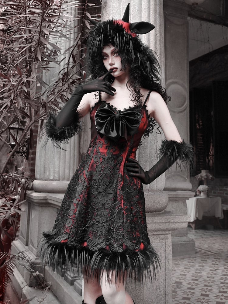 2025 New Year Red New Dress PU Big Bow Bodice Goth Vampire Spaghetti Straps Dress