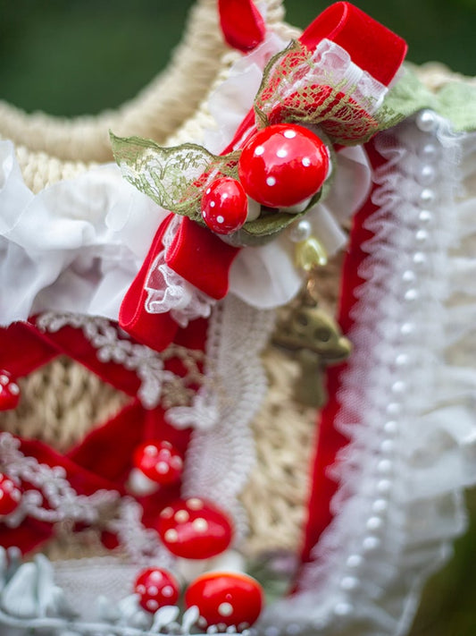 Bead and Ruffle Trim Mushroom Cottagecore Straw Bag