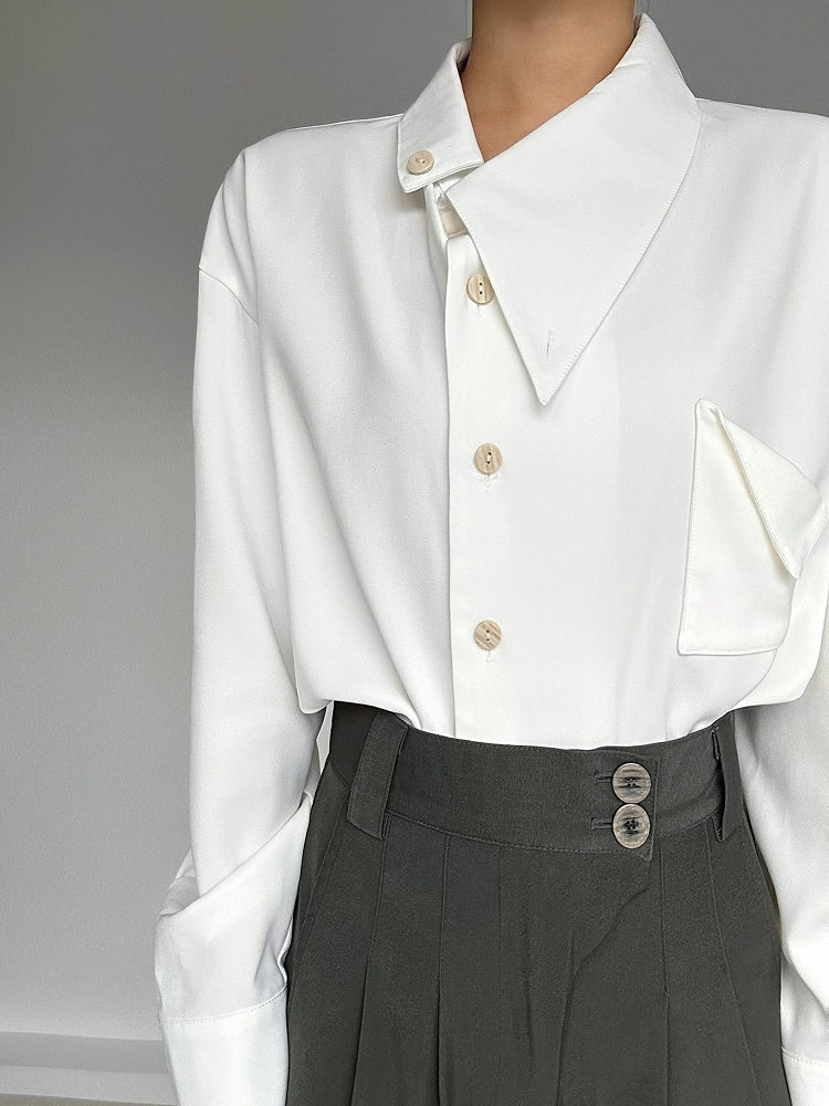 Ouji Lolita Vintage White Shirt with Asymmetrical Collar & Buttoned Placket
