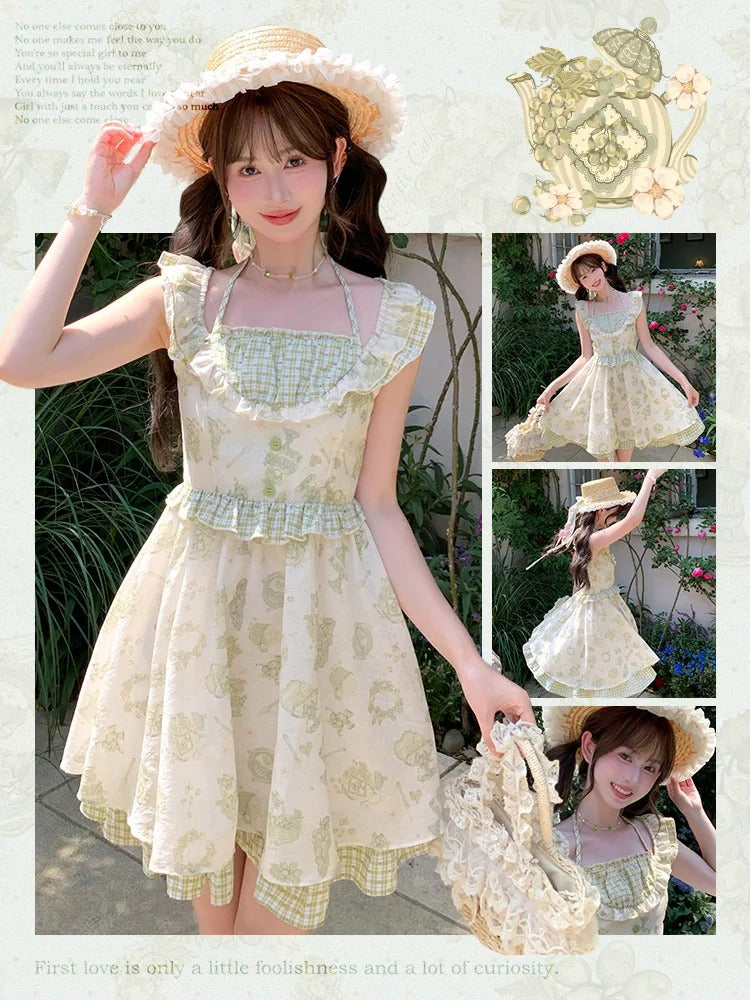 Light Green Plaid Flutter Sleeves Cartoon Print Mori Kei Halter Dress