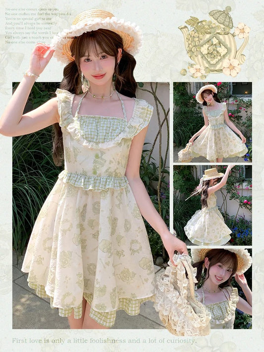 Light Green Plaid Flutter Sleeves Cartoon Print Mori Kei Halter Dress