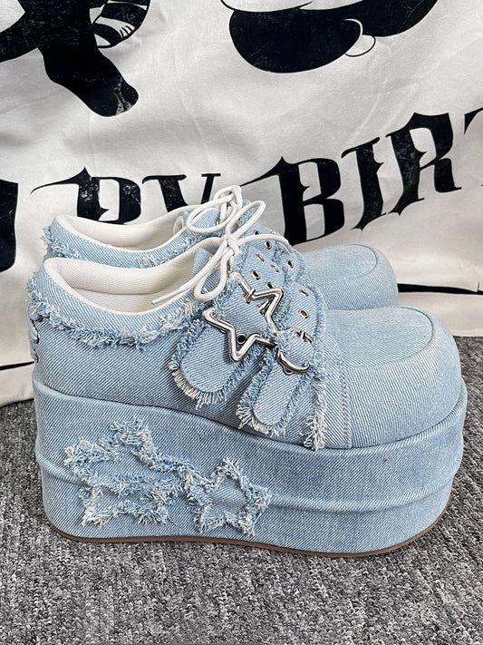 Gyaru Fashion Distressed Stars Light Blue Denim Platforms