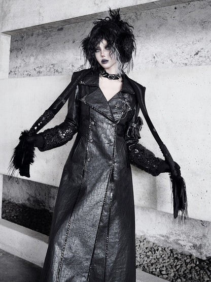 Black Fanx Fur and Snakeskin Grain Cross Shaped Panels Scarf