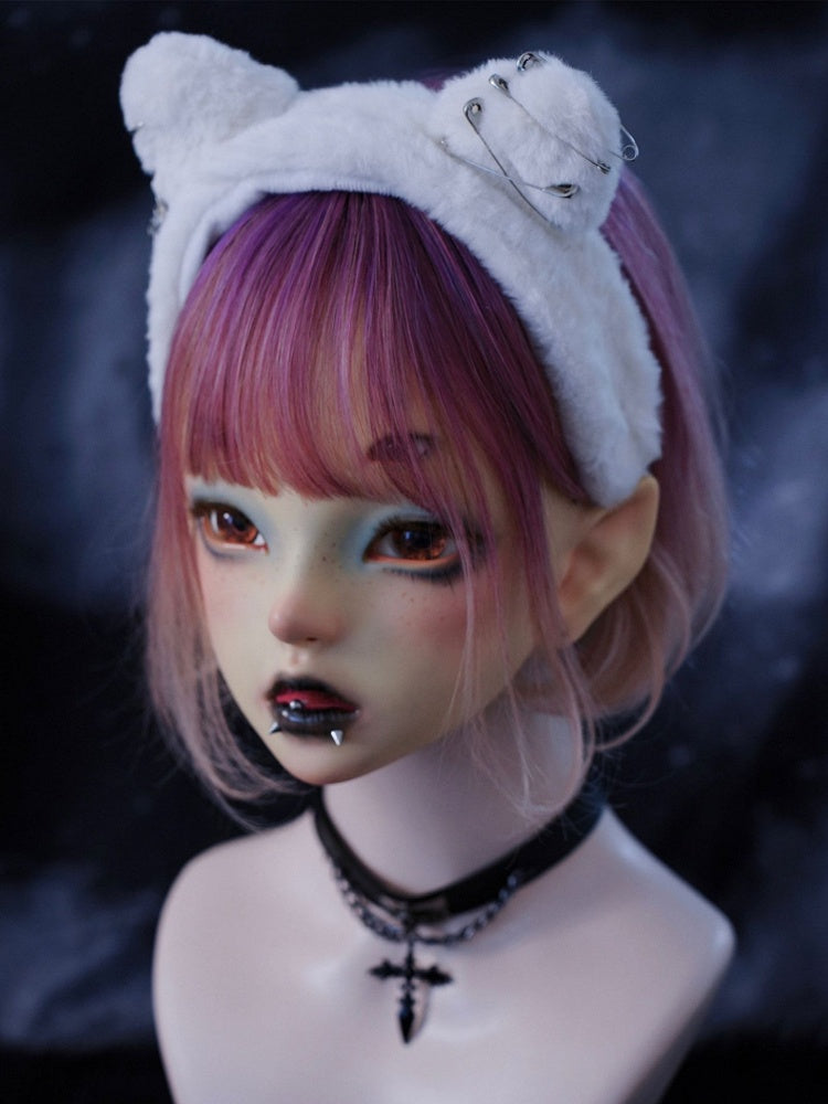 Metal Cross Goth White Plush Kitten Ears KC