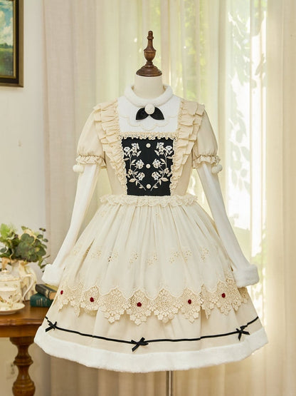 Beige Floral Embroidery Bodice Long Sleeves Lolita Dress Plush Neckline and Cuffs