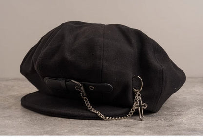 Handmade PU Buckle Black Gothic Beret with Cross Chain