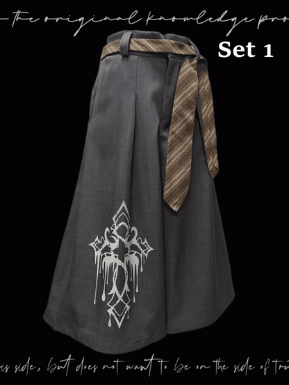 Gray Cross Print Vintage Wide-Leg Pants