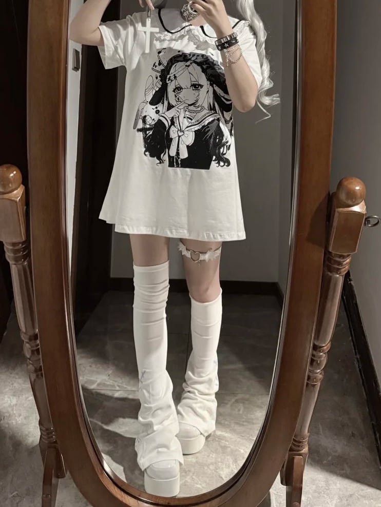 Anime Girl Print Peter Pan Collar White Jirai Kei T-shirt