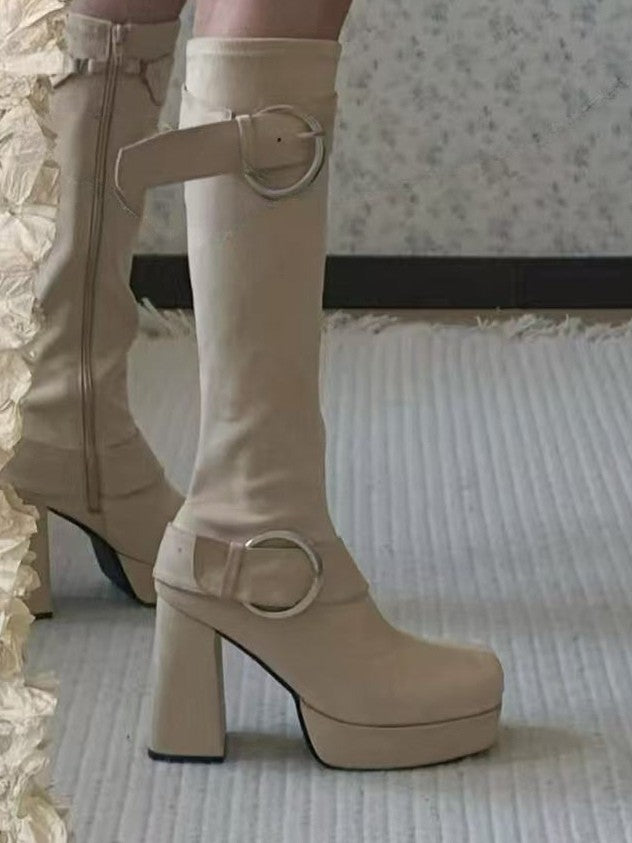 Khaki Lolita Platform Knee-High Boots - Square Toe High Block Heel with Buckle Accents & Inner Zip