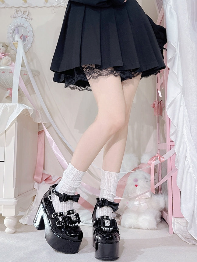 Polished Black Jirai Kei Beaded Charm Rhinestone Decorated Bowknot Details Platform High Block Heels