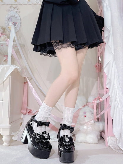 Polished Black Jirai Kei Beaded Charm Rhinestone Decorated Bowknot Details Platform High Block Heels