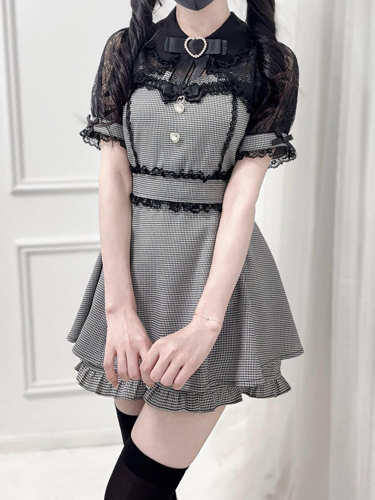 Black Houndstooth Jirai Kei Set -Shirt Collar Sweetheart Rhinestone Decoration Lace Shawl Top + Shorts + Bowtie