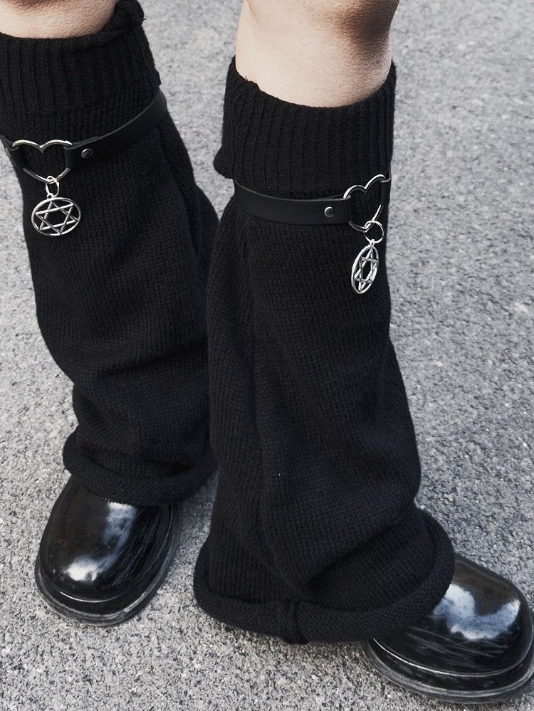 Y2K Black Pentagram Charm Strap Design Knit Leg Warmers