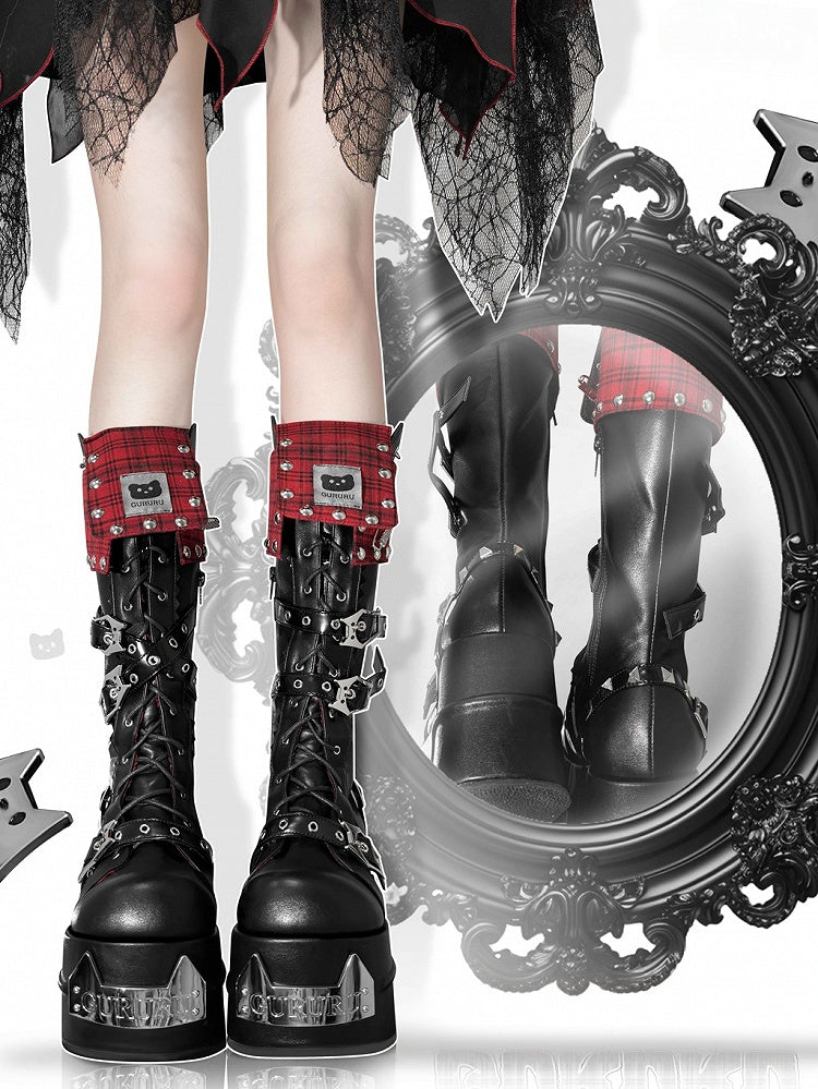 Red Plaid Fold-over Trim Kitty Buckle Straps Harajuku Punk Platform Boots