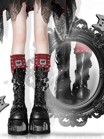 Red Plaid Fold-over Trim Kitty Buckle Straps Harajuku Punk Platform Boots