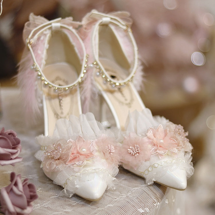 White & Pink Floral Design Feather Decorated 8CM Hime Lolita High Heels