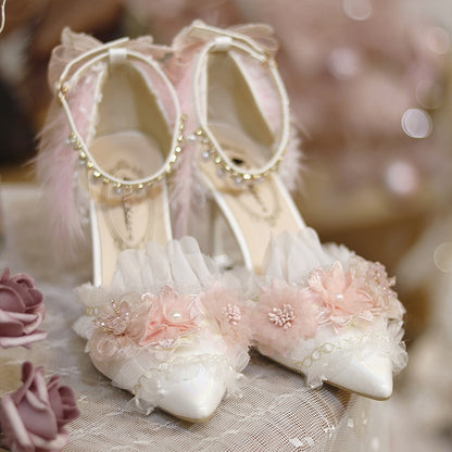 White & Pink Floral Design Feather Decorated 8CM Hime Lolita High Heels