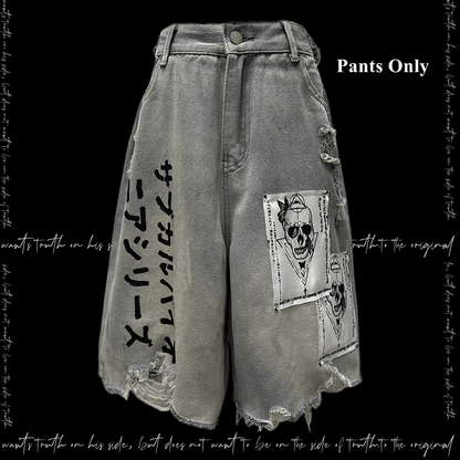 Light Blue Skeleton Appliques Distressed Holes Wasteland Punk Wide-Leg Jeans