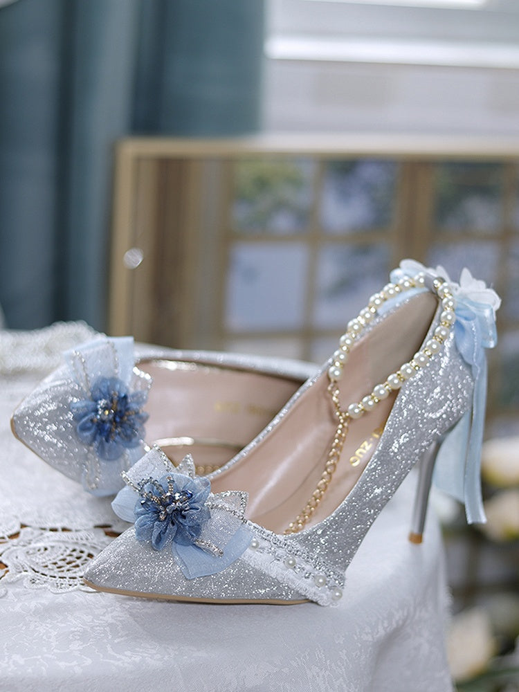 Dark Blue & Silver Glittering Floral Bownknot Detachable Beaded Chain Hime Lolita High Heels