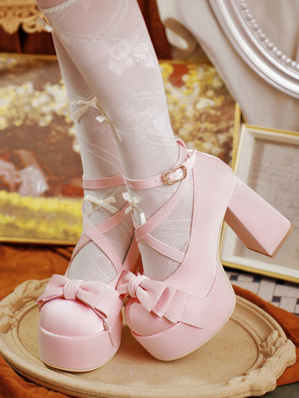 Crisscross Ankle Strap Pink Bow at Top 11cm High Heels