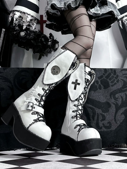 Bad Bunny Lace Trim Bunny Ears Design Punk White PU Gothic Platform Boots