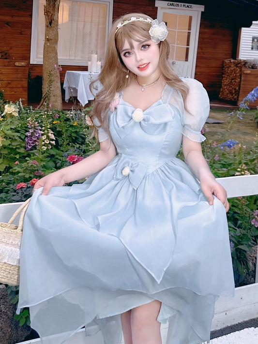 Plus Size Bowknot Details Light Blue Puff Sleeves Princess Dress Long Version