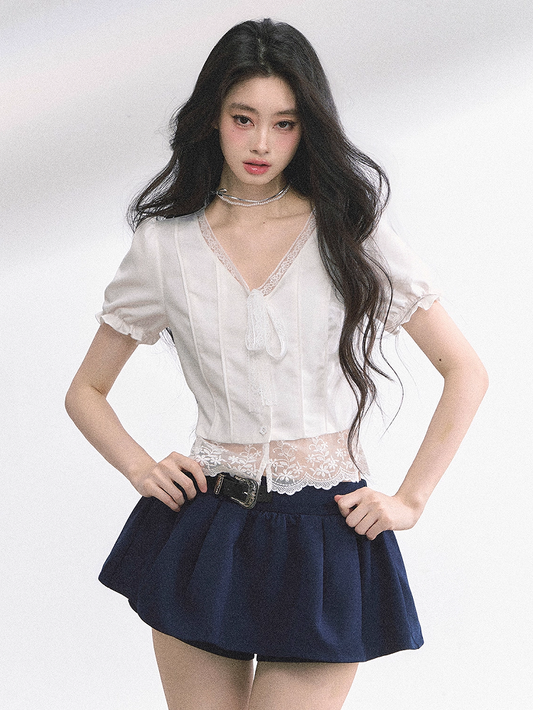 White Self-tie Straps Neckline Lace Hem Puff Sleeves Blouse