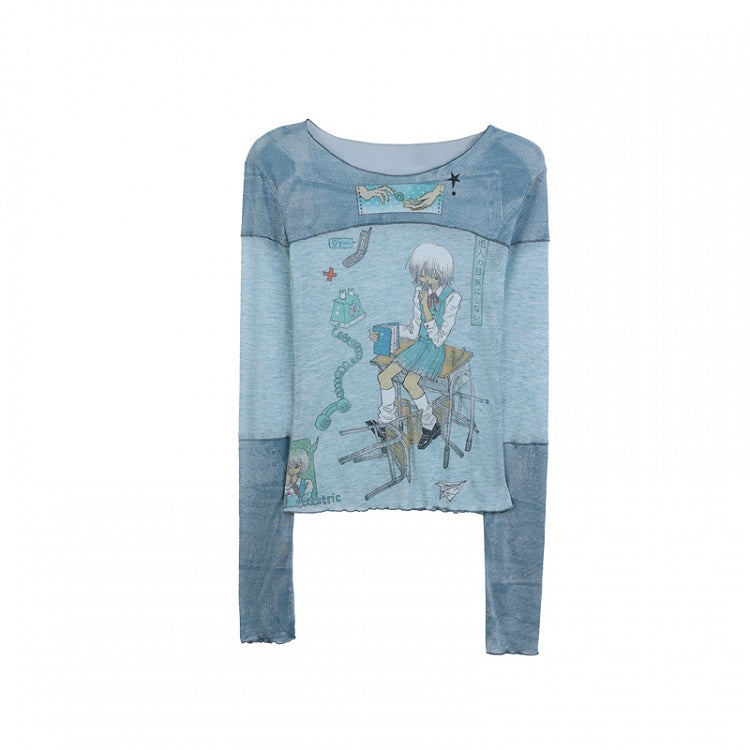 Blue Round Neck Top with Cartoon Print