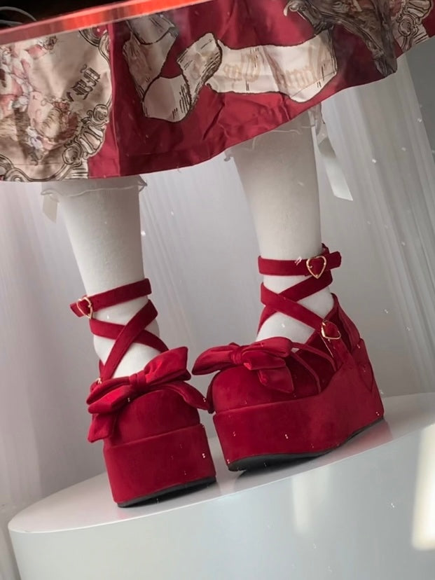 Sweet Wine Red Lolita Platforms in Velvet - Bow at Top, Crisscross Design & Heart Fastener