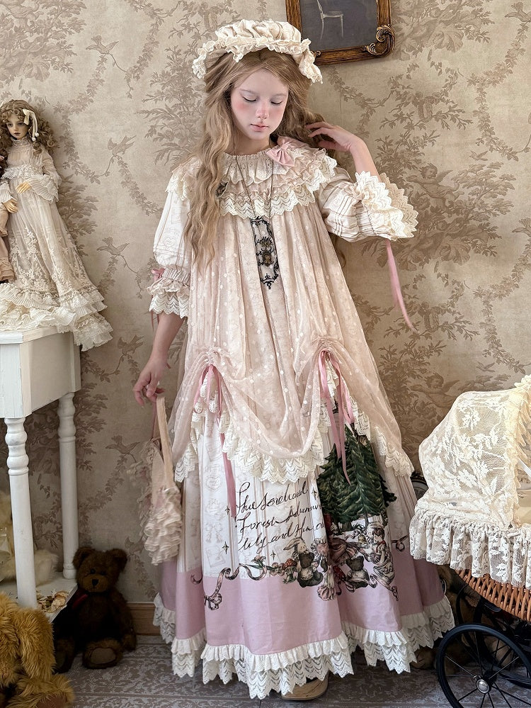 Plus Sizes Available Ruffle Round Neck Drawstring Overlay Sweet Lolita Cotton Dress