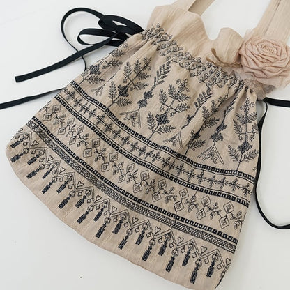 Brown / Blue Vintage Embroidery Handbag with Floral Brooch