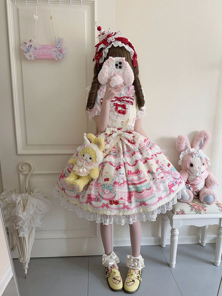 Cakes and Bunny Print Yellow Lolita Dress Sweet Jumper Skirt