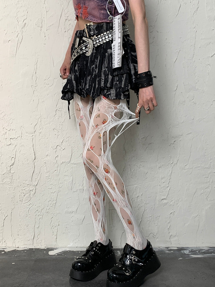 White Y2K Floral Pattern Tights + Cut-out Design Tights