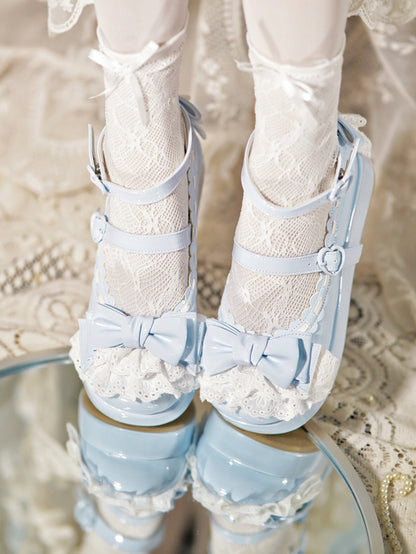 Baby Blue Bow at Top Lace Trim Heart Buckles Platforms