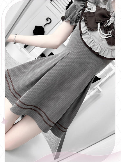 Jirai Kei Ruffle Neckline Puff Sleeves Gray Striped Dress with Free Bowtie