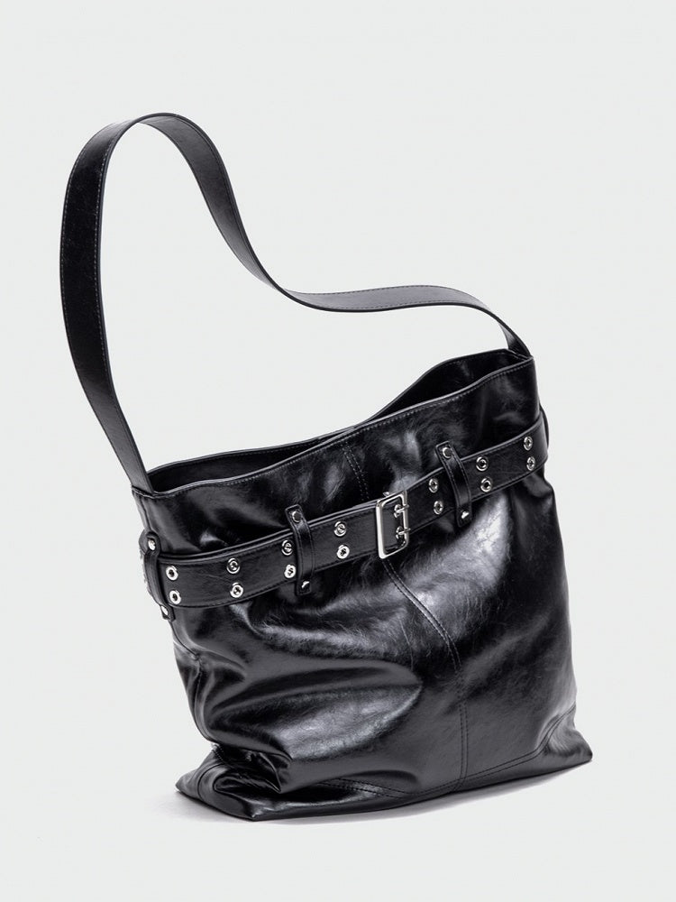 Elegant Black Tote Bag With Belt Buckle Accent - Perfect For Commuting