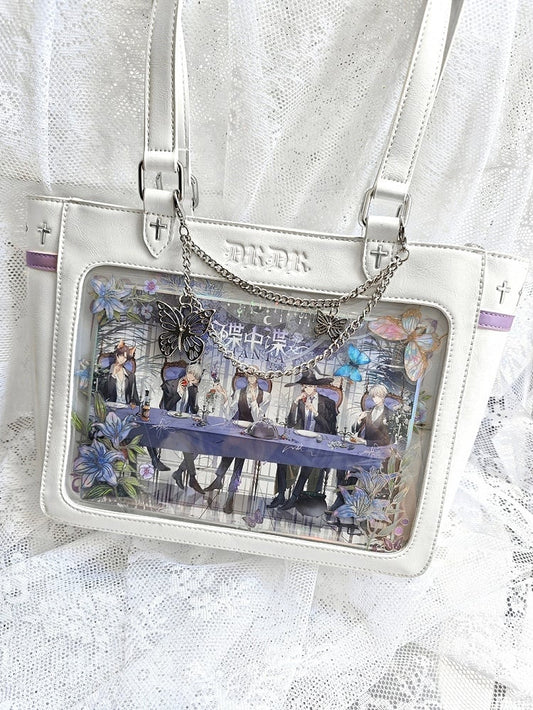White Cross Detail Ita Shoulder Bag with Detachable Butterfly Charm Chain