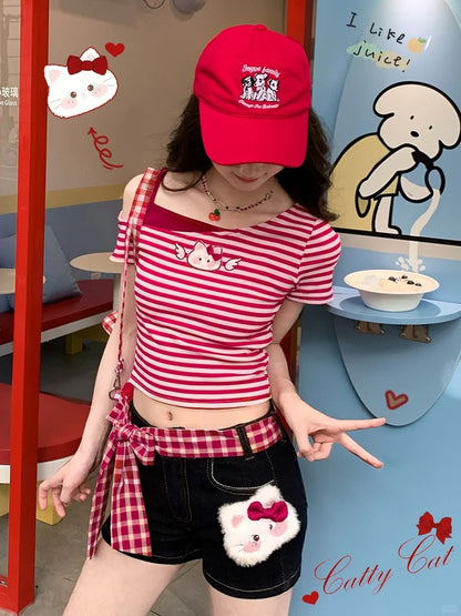 Dark Blue Straight-leg Denim Shorts with Kitty Plushie and Red Plaid Waist Accessory