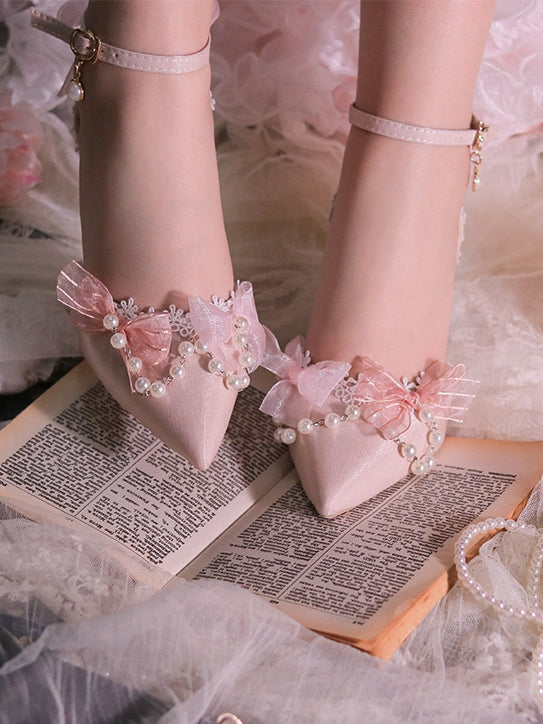 Pink Beaded Chain Pointed Toe Hime Lolita Middle Heels